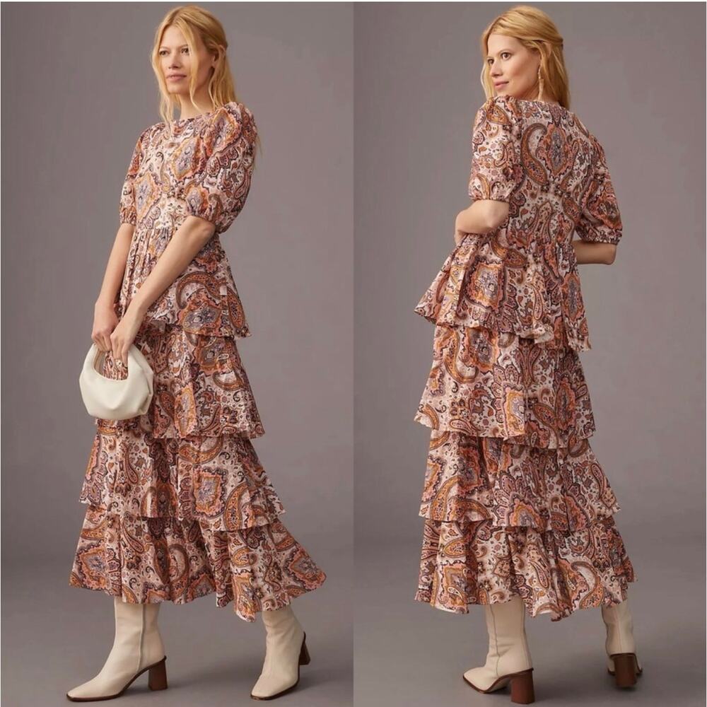 Anthropologie x Kachel Tiered Maxi Dress Paisley Puff Sleeve Ruffle Boho Floral